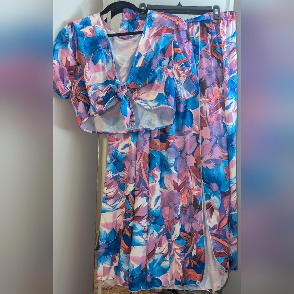 Floral Print Two-Piece Set in Blue & Pink